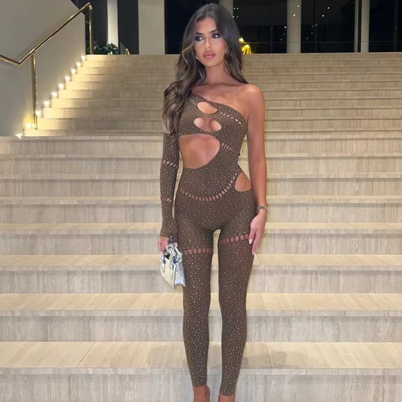 HR305 Bodycon Rhinestone Bodystocking/Jumpsuit Lingerie - Picture 6 of 8